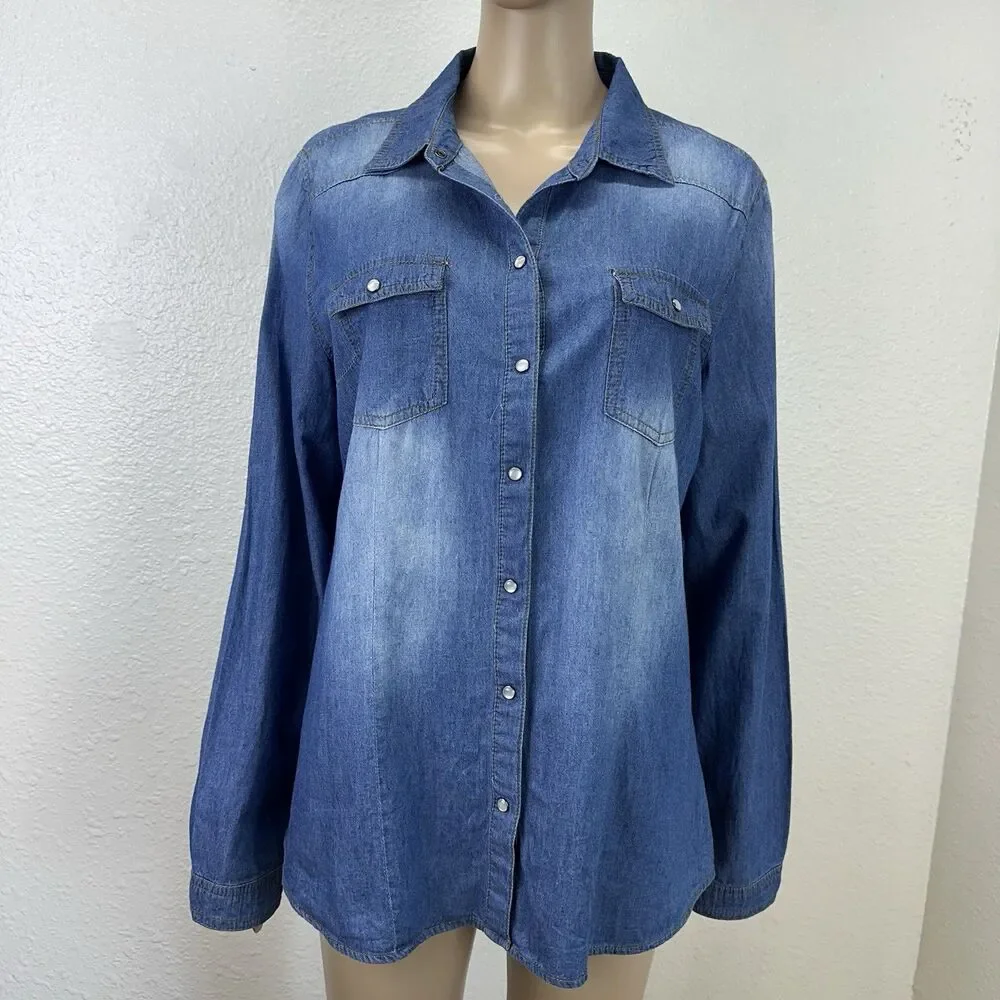 Cavalini Denim Collection Top XLarge, 3/4 Roll Tab Sleeve Shirt Blue Cowgirl - Picture 3 of 9